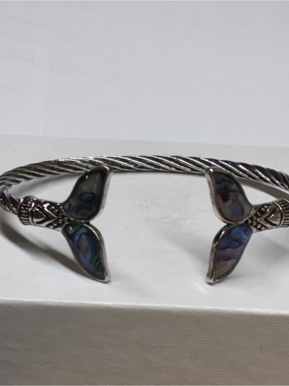 Silver Abalone Whale Tail Open Cuff Bracelet - Blue-Green Inlay